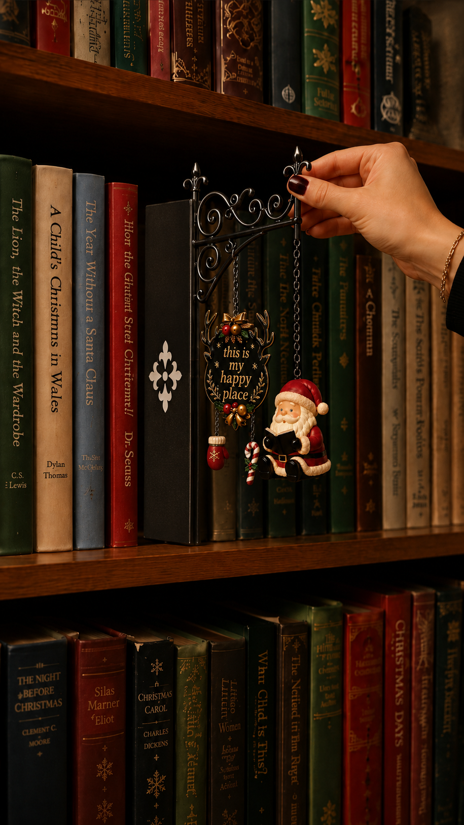 Santa Christmas book nook on a bookshelf